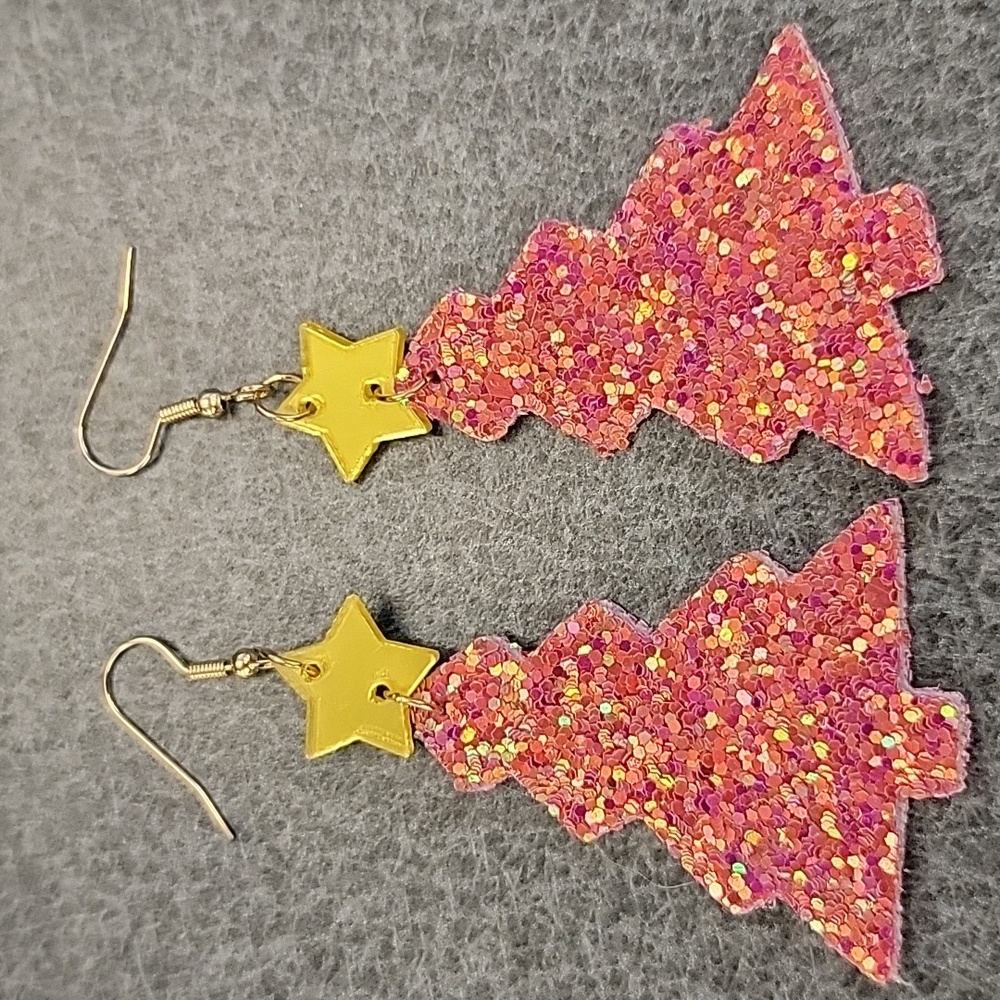 Faux Leather Sparkly Pink Christmas Tree Drop Earrings